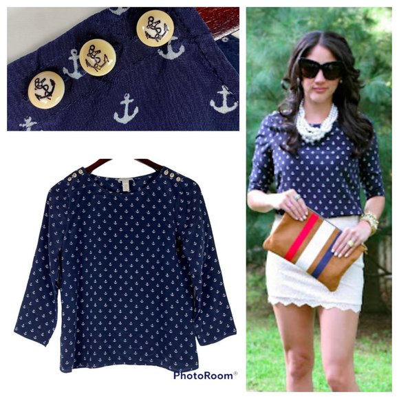 J. Crew Tops - J.Crew Shirt Top Tunic Blouse 6 Medium Anchors 100% Silk Navy Blue Nautical